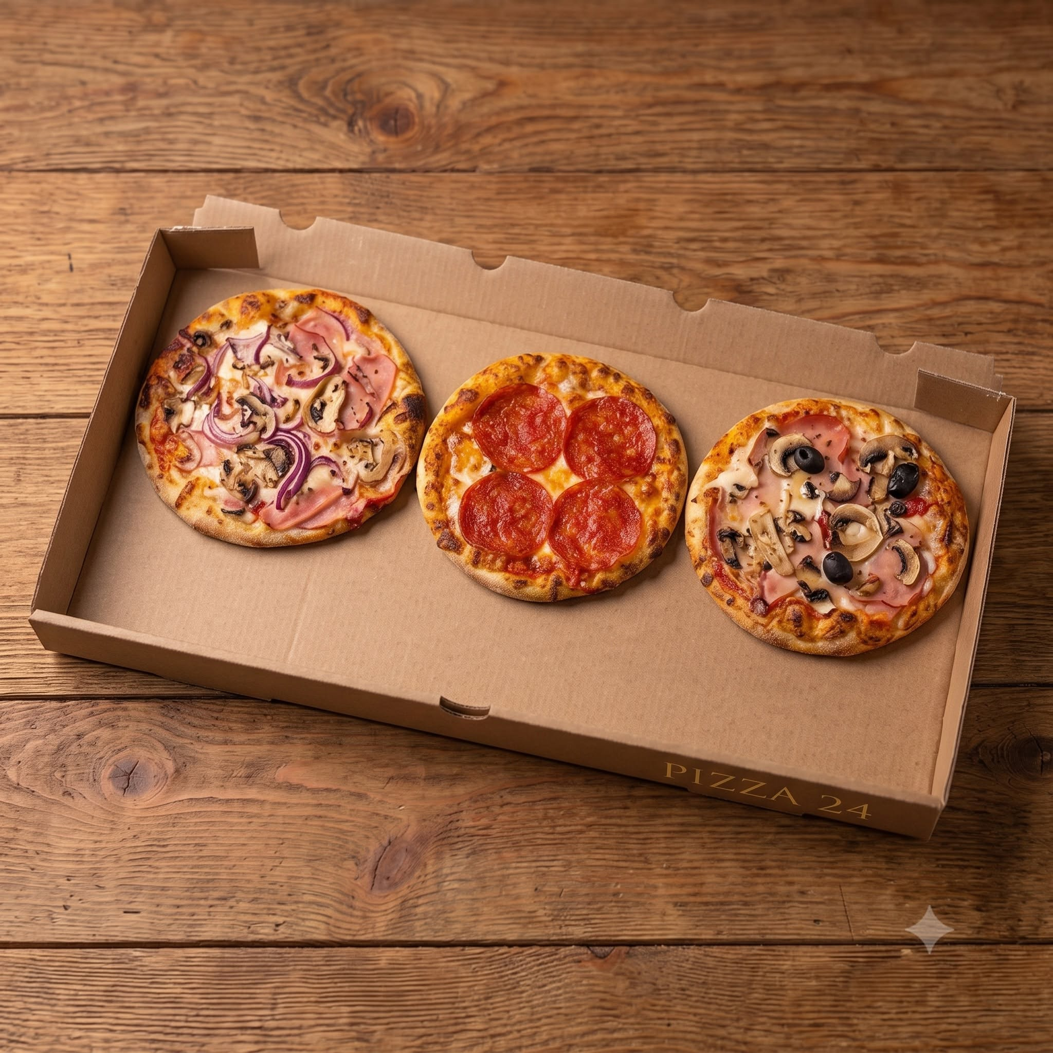 Trio Variety Box Trio Variety Box – trei pizza mici de 20 cm într-o cutie Pizza 24